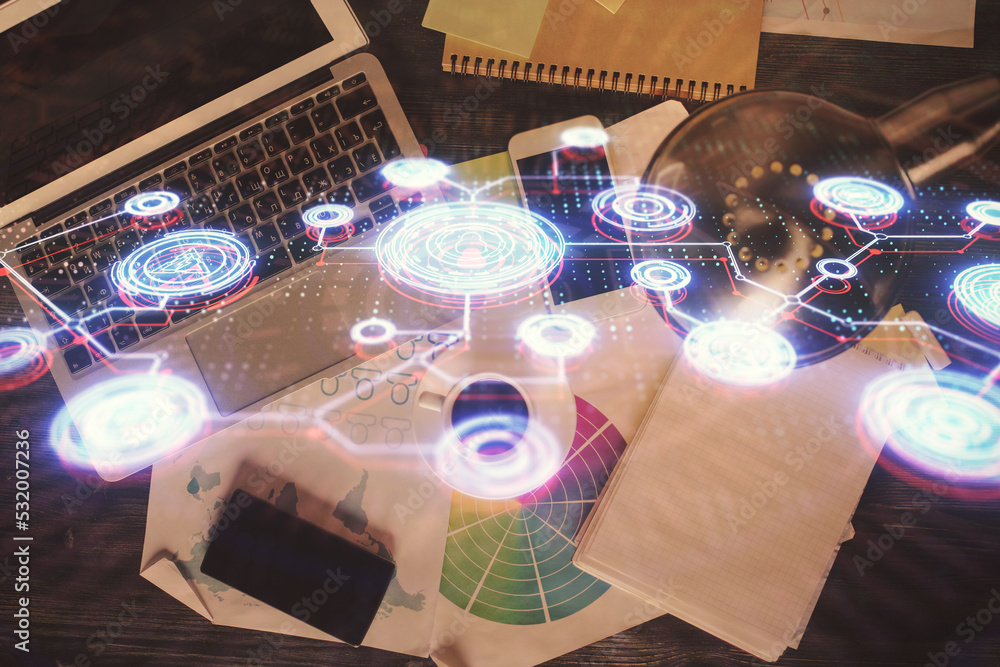 Aufkleber social network hologram drawings over computer on the desktop background. top view. double exposure.