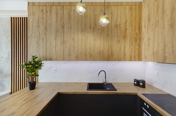 Salon z kuchnią w nowoczesnym stylowym apartamencie