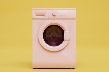 the concept of automatic washing of things. washing machine pink on a yellow background. 3D render