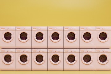 abstract background consisting of patterns of pink washing machines on a yellow background. 3D render