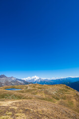 Mountain hiking landscape in Mestia, Svaneti region in Georgia.  mountain landscape around Koruldi lakes area with snow in Caucasus