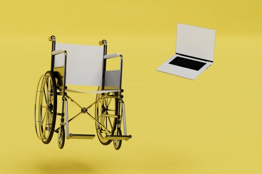 remote work for the disabled. a wheelchair and a laptop on a yellow background. 3D render