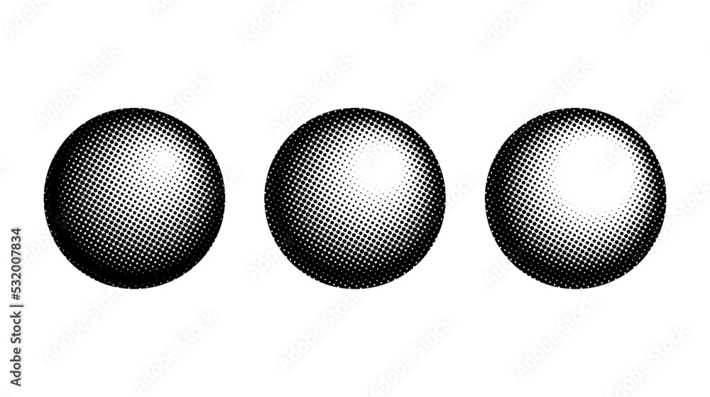 Aufkleber halftone spheres set. semitone dotted globes. comic texture circles. round gradient collection. radi