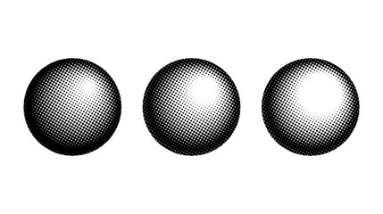 Halftone spheres set. Semitone dotted globes. Comic texture circles. Round gradient collection. Radial design elements. Pointed faded shapes. Abstract monochrome background.