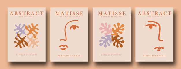 Naklejka premium Contemporary organic shapes posters. Abstract collage set Matisse inspired with scribbles curves. geometric minimalist algae silhouette composition.