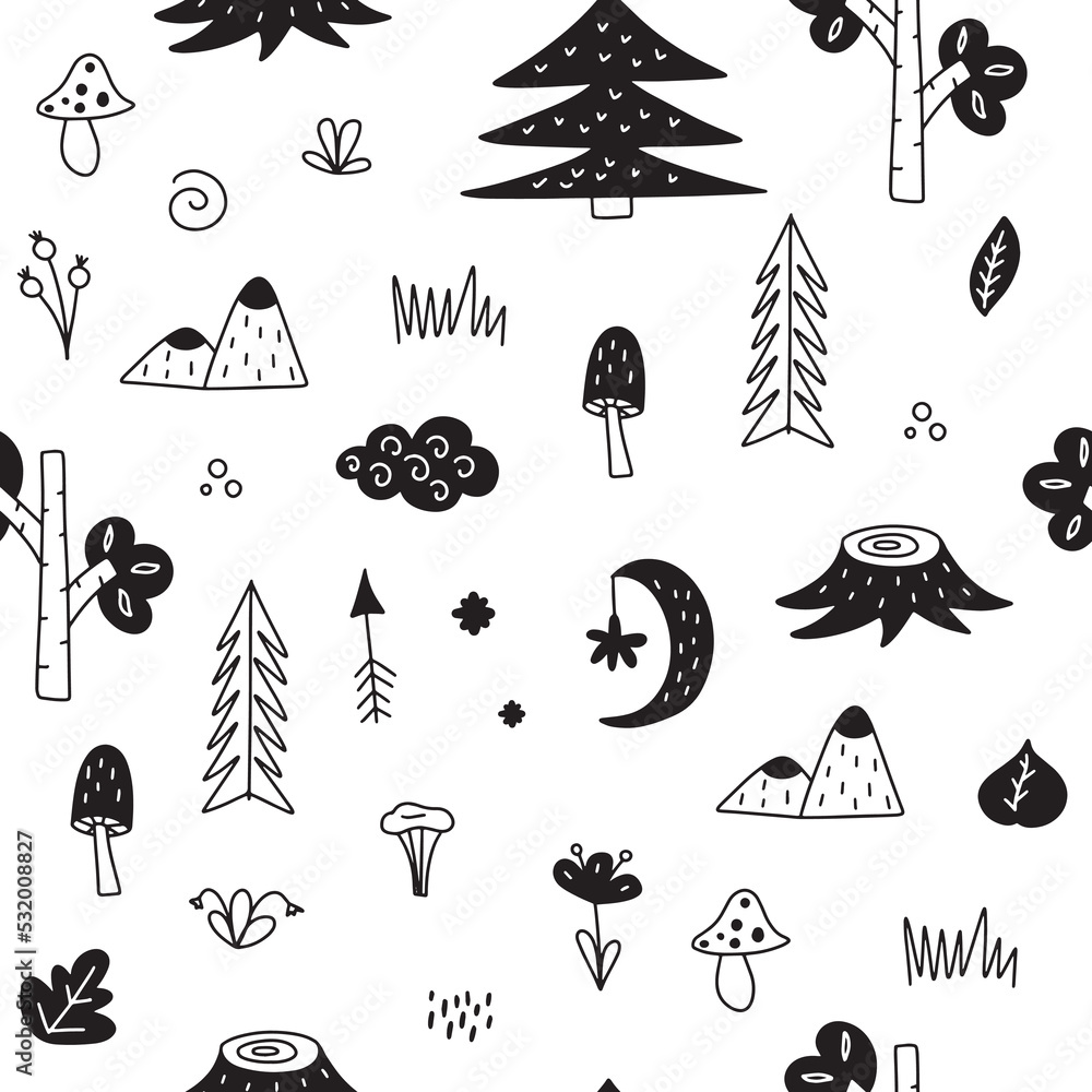 Wall mural Seamless pattern of scandinavian forest in doodle style. Vector illustration in black and white colors for your design