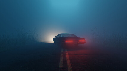 Car parked in middle of road in foggy moody forest during  blue hour