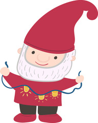 Gnome Santa holds a garland with light bulbs illustration in cartoon style