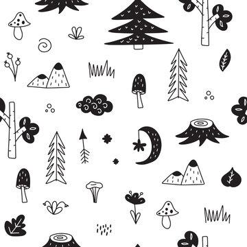 Seamless pattern of scandinavian forest in doodle style. Vector illustration in black and white colors for your design