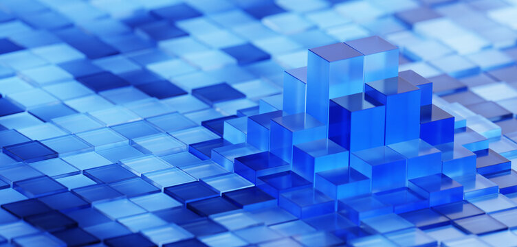 3d abstract render of glass cubes in grid forming data trend