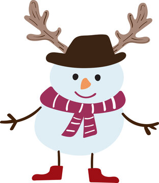 Christmas snowman with decorated with deer antlers in cartoon style