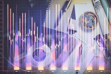 Double exposure of forex graph drawing and work table top veiw. Concept of financial analysis.