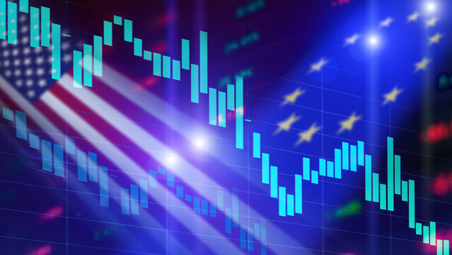 A Stock market background with USA and European Union Flags and Falling market charts