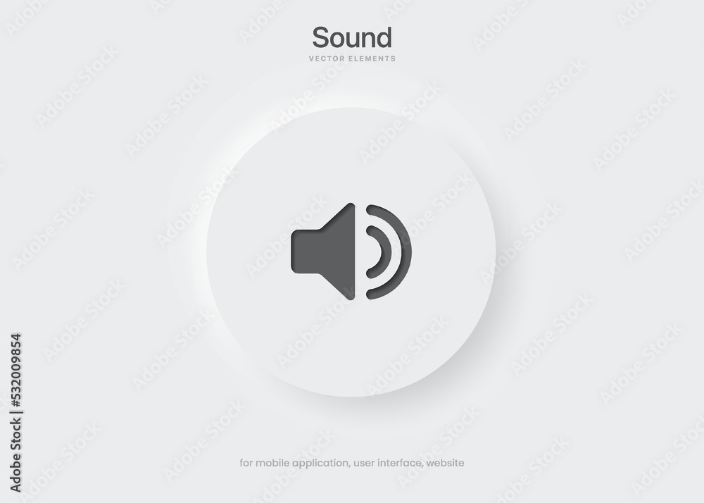 Poster Speaker and sound icon. Computer voice icon. Megaphone and music icon. Sound pictogram. Musical note. Audio sign. UI UX element. Sound button. Audio system, noise with soft UI, neumorphism.