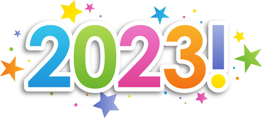 Colorful 2023! icon with stars on transparent background
