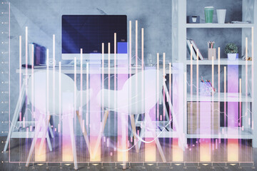 Multi exposure of stock market chart drawing and office interior background. Concept of financial analysis.