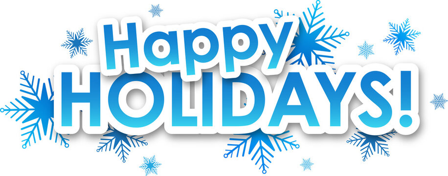 HAPPY HOLIDAYS blue typography banner on transparent background with snowflakes
