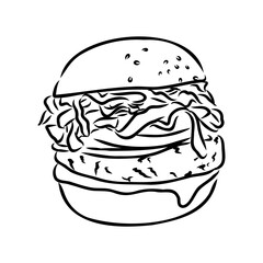 Burger black outline sketch. Vintage style. Vector illustration.