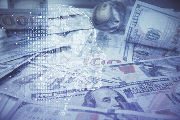 Double exposure of brain drawing over us dollars bill background. Technology concept.