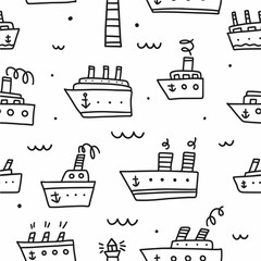 Children's vector pattern with hand-drawn boats in the style of doodles