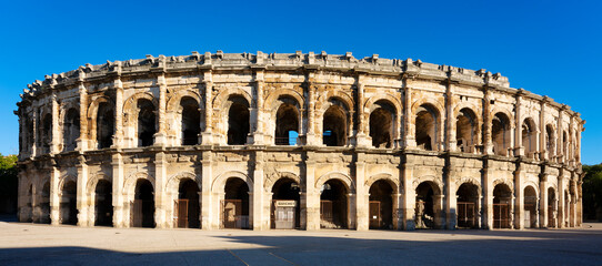 View of famous amphitheater in the morning, Nimes, France