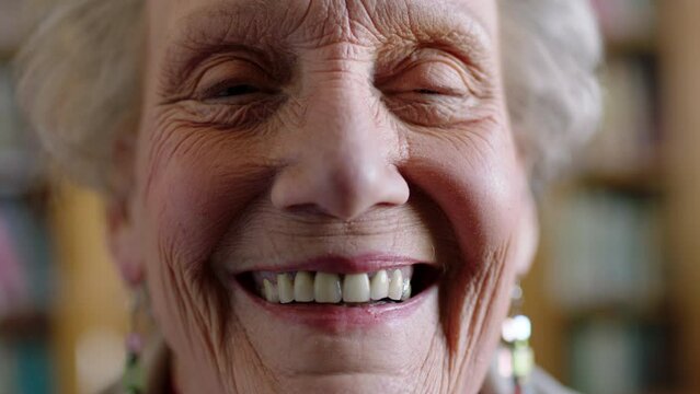 Senior woman, face and smile portrait with dental implant, veneers and dentures in mouth. Zoom on wrinkle skin of happy retirement elderly with insurance, medical healthcare or teeth surgery wellness