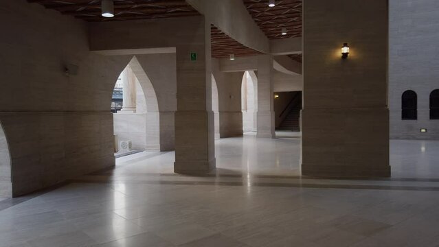 Panoramic view of concrete pillars, part of the amphitheater in Katara Cultural Village in Doha, Qatar