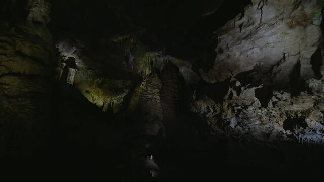 Stalactites and stalagnites in Prometheus Cave, Georgia.