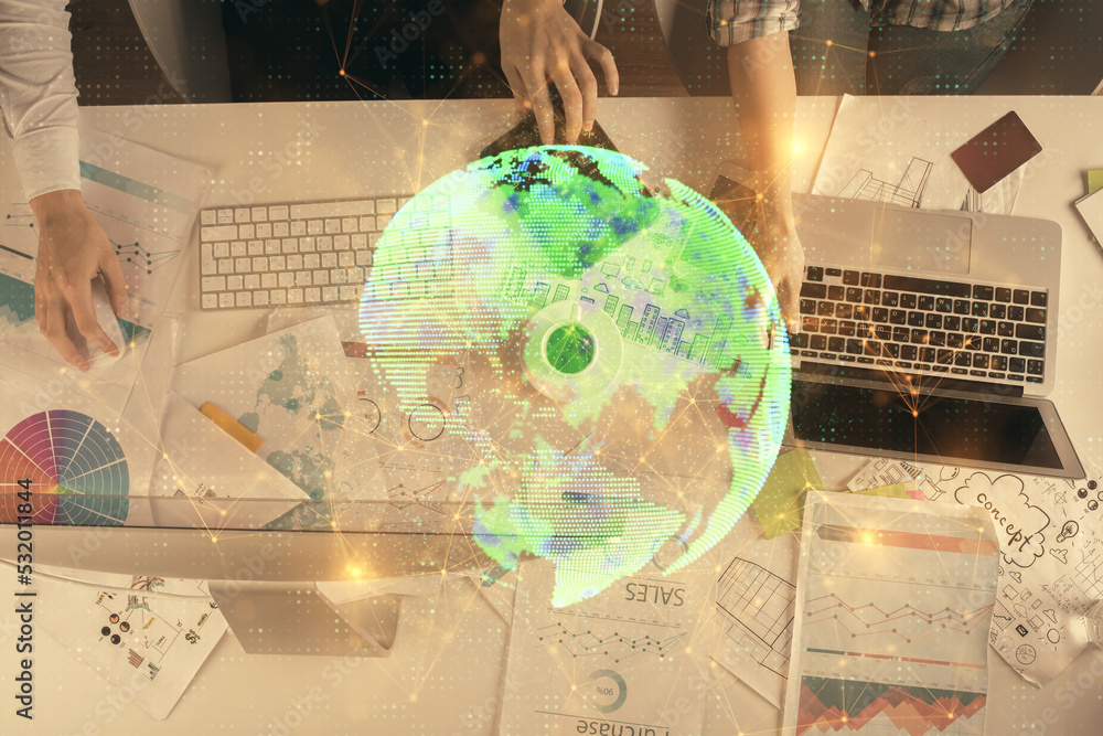 Poster double exposure of man and woman working together and social network theme hologram drawing. people 