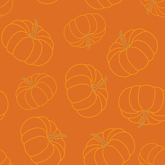 Seamless pattern with pumpkins vegetables on orange background. Vector outline illustration.