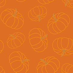 Seamless pattern with pumpkins vegetables on orange background. Vector outline illustration.
