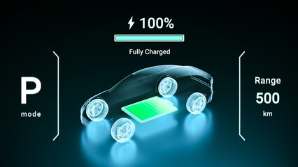 Electric Vehicle fully charging battery using DC fast charger, smart information EV power station status display, futuristic design hybrid car power level indicator UI interface 3d rendering - obrazy, fototapety, plakaty