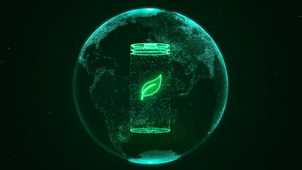 Lithium ion battery recharging with eco leaf symbol, clean renewable green innovation for world environment, Net Zero Emission energy storage technology, carbon neutral power concept 3d rendering - obrazy, fototapety, plakaty