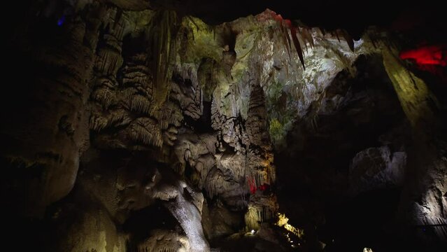 Stalactites and stalagnites in Prometheus Cave, Georgia.