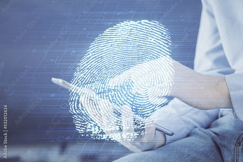 Poster Double exposure of man's hands holding and using a digital device and fingerprint hologram drawing. Security concept.