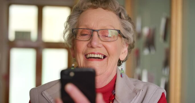 Senior woman with glasses and smartphone with funny video online or reading social media app. Retirement networking, learning and connection of elderly person typing on mobile tech or internet search