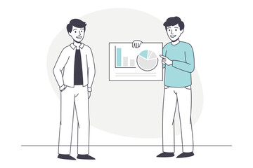 Man Business Character with Graph Presentation Talking with Coworker Vector Illustration