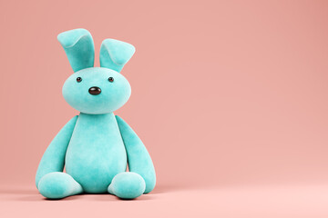 Blue toy rabbit on pink background 3D illustration