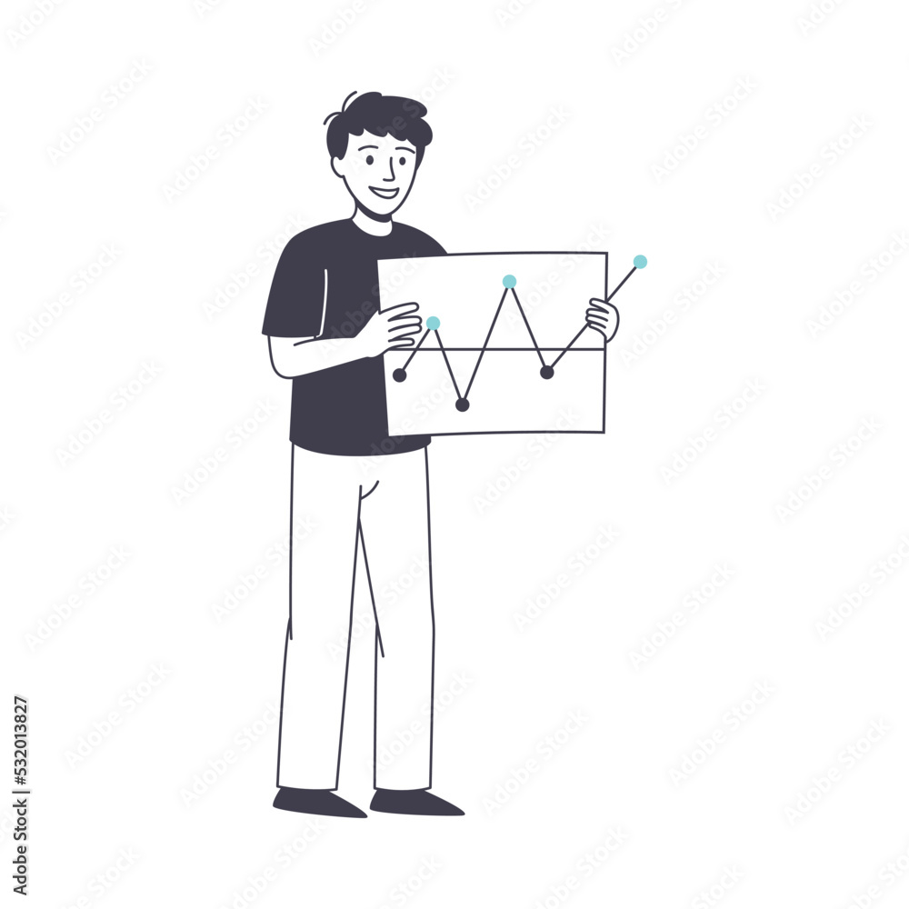 Poster man business character showing graph or chart presentation vector illustration