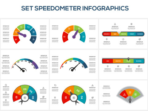 Set speedometer with 3, 4, 5, 6, 8 elements, infographic template for web, business, presentations, vector illustration. Business data visualization.