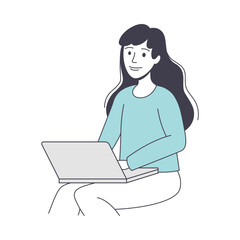 Woman Business Character Sitting with Laptop Working with Data Vector Illustration