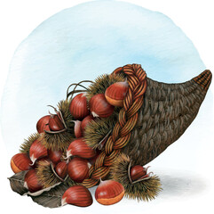 Watercolor fall cornucopia full of chestnuts