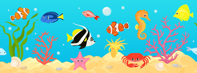 Naklejka na ściany i meble Coral reef sea life seamless banner. Undersea landscape with cute crab, starfish, golden fish, bannerfish, blue and yellow tang, zebrasoma, clownfish, seahorse and corals. Vector cartoon illustration 