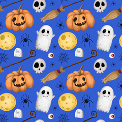 Halloween pattern. Cute horror illustrations. Seamless pattern with pumpkin, ghost, skull, broom. Print for bed linen, fabric, clothing, wallpaper.