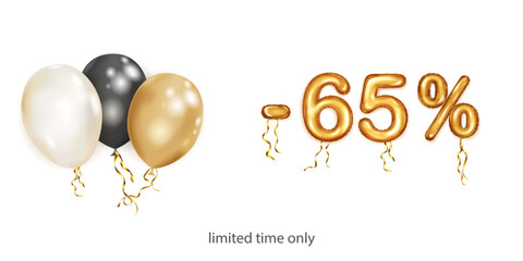 DiscDiscount creative illustration with white, black and gold helium flying balloons and golden foil numbers. 65 percent off. Sale poster with special offer on white background