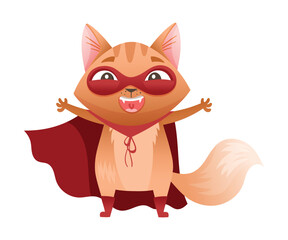 Ginger Cat Superhero Character Wearing Red Cloak and Mask with Outstretched Paws Vector Illustration
