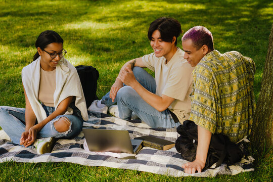 Three friedns sitting on a mat on grass watching laptop