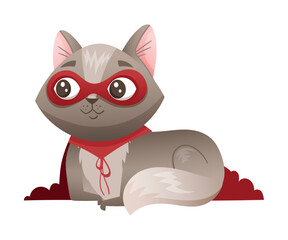 Grey Cat Superhero Character Wearing Red Cloak and Mask Sitting Vector Illustration