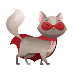 Grey Cat Superhero Character Wearing Red Cloak and Mask Walking Vector Illustration