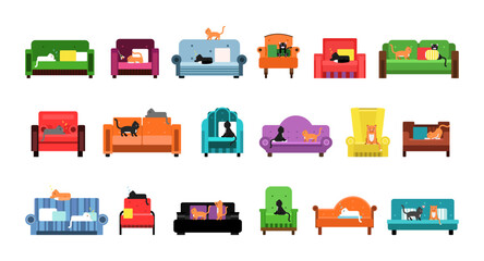 Cats Sitting on Furniture as Domestic Pet Having Indoor Rest at Home Vector Big Set